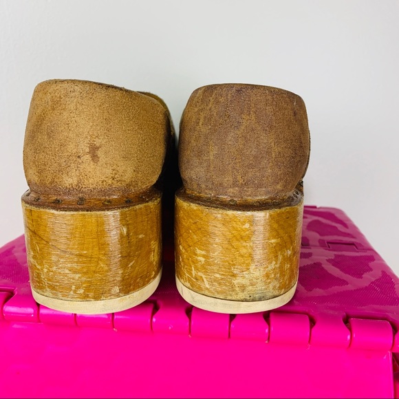 Vintage 1970s Tan Leather Block Heel Mule Clogs - Picture 3 of 8